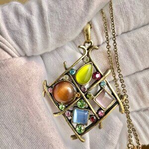 Vintage Lia Sophia Multicolor Crystal Pendant Necklace, Bronze Tone Necklace